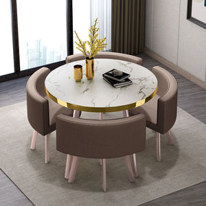 Mesa de Comedor Moderna Minimalista con Base Circular de Metal Desmontable <span class=keywords><strong>y</strong></span> Superficie de MDF, Juego de 4 Plazas para Restaurantes <span class=keywords><strong>y</strong></span> Locales Comerciales Pequeños - Product Image 4