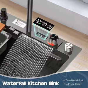 Évier de <span class=keywords><strong>cuisine</strong></span> intelligent en acier inoxydable 304 Nano moderne avec cascade, poste de travail, écran LED, lave-tasses intégré et porte-couteaux - Product Image 3