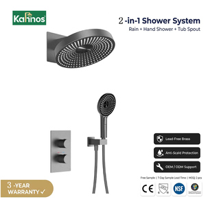 Sistema de ducha empotrado color bronce, cabezal de lluvia redondo montado en la pared con ducha de mano, válvula mezcladora termostática de doble perilla para baño - Product Image 1