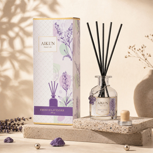 Aikun 100ml Diffuseur de parfum à bâtonnets en verre transparent rond avec autocollant adhésif, faible MOQ, échantillon en 3 jours, expédition en 7 jours, coffret cadeau pour spa - Product Image 1