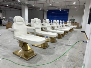 Modern PU Leather Massage <b>Table</b> With Built-In Headrest Adjustable Electric Salon Furniture Gold Frame White Seat - Product Image 3