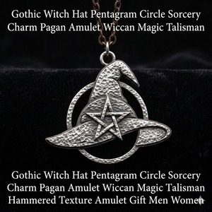 Sombrero de Bruja Gótico con Pentagrama y Círculo, Amuleto Pagano, Talismán Mágico Wiccano, Joyería con Textura Martillada, Regalo para Mujer - Product Image 2