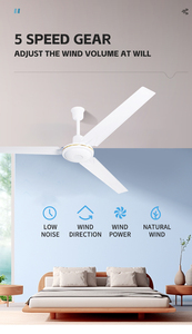 Ventilador de Techo con Motor AC, Control Mecánico, Plegable, 5 Velocidades, 56 Pulgadas, Aluminio, Moderno, Blanco, en Caja Corrugada para Uso en Hoteles - Product Image 3