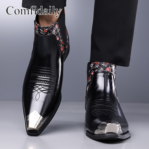 Comfdaily Men Chelsea <b>Boots</b> Ankle Pointed Toe <b>Floral</b> Pattern Genuine Leather Rubber Outsole Fashion Trend - Product Image 1