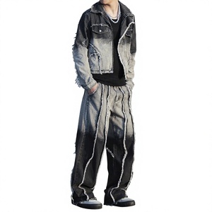 Unisex Gradient Washed Denim Jacket Wide-Leg Jeans Set Streetwear Regular Fit Full Length Cotton Autumn Style Eco-Friendly - Product Image 3