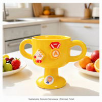 Tasse trophée en céramique artisanale à double poignée, design médaille Kawaii, compatible lave-vaisselle, cadeau mignon de dessin animé pour enfants, usage au bureau