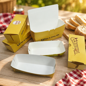 Caixas de Papel Cartão Marfim Personalizadas em Formato de Barco para Hot Dog, Bandejas para Waffle, Caixas para Hambúrguer e Corndog com Tampas e Relevo - Product Image 2