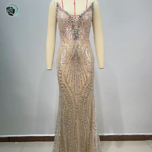 Vestido Largo de Lujo con Lentejuelas Diamante Color Champán para Mujer, Sexy con Escote en V Profundo sin Tirantes y Corte Imperio para Fiestas de Cumpleaños, Celebridades y Cócteles - Product Image 2