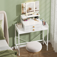 Petite coiffeuse rustique à panneaux avec 2 tiroirs en tissu, miroir et éclairage pour chambre à coucher