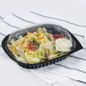 取出PP塑料可微波托盘食品安全黑色底座塑料食品容器便当午餐沙拉盒，带透明盖子