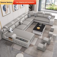 Nouveau style de canapé en bois massif en forme de U, multifonctionnel, lavable, imperméable, avec interface Bluetooth stéréo USB pour salon moderne