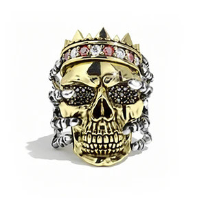 Anello da Cocktail H154 a Forma di Teschio, Placcato Oro con Zirconia Cubica, Gioiello di Moda da Uomo - Product Image 1