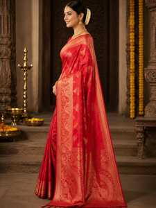 <b>Red</b> Banarasi <b>Saree</b> with Golden Work Elegant Designer <b>Saree</b> for Women Luxury Traditional Indian Ethnic Fashion Wear Bridal - Product Image 4