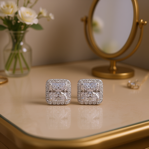 Boucles d'oreilles en or blanc pour femmes, bijoux en alliage géométrique classique avec zircon taillé princesse pour mariage - Product Image 2