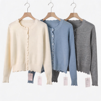 Cardigan ouvert léger en maille de haute qualité pour femme, col rond, simple boutonnage, bord festonné en ivoire massif