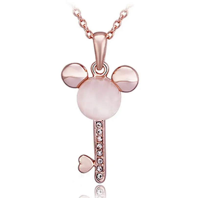 20359-3 Rose Gold Plated Mouse Cat Eye Stone Key Pendant Necklace Cute Animal Jewelry Women