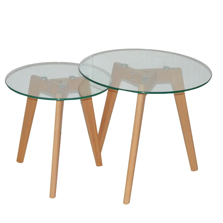 Mesa de centro contemporánea directa de fábrica, mesa de centro de cristal transparente de alta calidad superior redonda, moderna con patas de madera