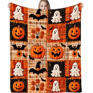 Manta de Felpa de Halloween con Diseño de Fantasma, Calabaza y Murciélago, Rectangular, Antipelusas, Decoración para el Hogar, Estilo Otoñal - Product Image 5