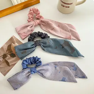 2024 spring and summer custom flora printing double bow long tail bow scrunchie elastic hair rope band hair accessories