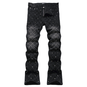 OEM ODM Men <strong>Black</strong> Grid Jacquard <strong>Skinny</strong> Jeans Luxury Hot-Fix Rhinestone Slim <strong>Fit</strong> Denim Pants Low MOQ Wholesale <strong>Trousers</strong> - Product Image 2