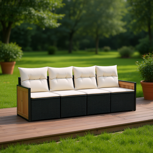 Ensemble de canapés de jardin en rotin PE 4 places, coloris noir et crème, mobilier d'extérieur résistant aux intempéries, design contemporain, teck - Product Image 2