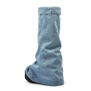 Denim Metallic Lock Shark Wedge Boots Cowgirls Zipper Thick Soles Half Knee High Booties Women <b>Round</b> <b>Toe</b> Zipper Flat Shoes - Product Image 3