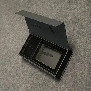 Kotak tampilan cincin kalung hitam matte magnetis kertas hitam kardus mewah kustom kotak perhiasan logo kustom dengan kantong