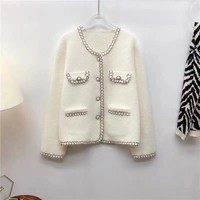 Cardigan Élégant Classique Femme Manches Longues Boutons Simples Poches Blocs de Couleurs Anti-Boulochage Pull d'Automne – Grande Vente
