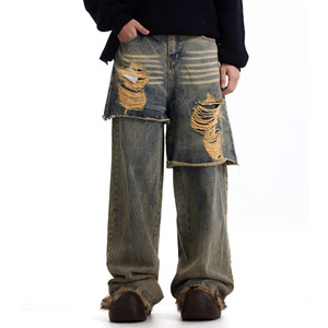 مصنع مخصص 2 في 1 للوزن الثقيل خمر غسل تلاشى تنحنح الخام البالية جودة عالية اشتعل الجينز الجينز الرجال الجينز مكدسة - Product Image 3