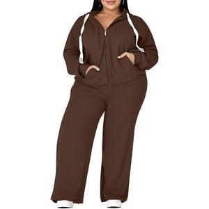 Conjunto deportivo de dos piezas para mujer de talla grande FOXA, sudadera con capucha y cremallera, pantalones deportivos de pierna ancha, ropa informal para estar en casa. - Product Image 1