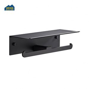 Multifunctional Rustproof Aluminum Toilet Paper Holder Rack Black Metal Wall Mounted Adhesive for <b>Bathroom</b> Kitchen Gym - Product Image 4