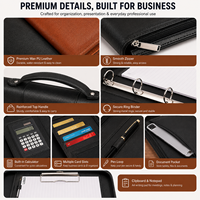 Porte-documents A4 en cuir ciré de qualité supérieure avec 4 anneaux, pochette zippée avec calculatrice et poignée, logo personnalisé pour réunions d'affaires