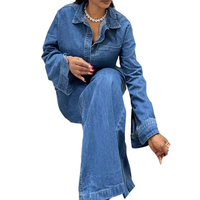 Costume en jean pour femme haut à manches longues et pantalon à jambes larges ensemble deux pièces