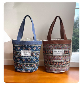 New Custom Printed Polyester Button Closure Tote Bag Large Capacity Women's Ethnic Style Artistic Bucket <b>Handbag</b> - Product Image 3