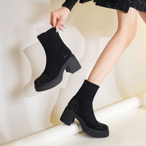 Y91259 Women Ankle Boots Chunky <b>Heel</b> <b>Round</b> <b>Toe</b> Rhinestones Fashion Autumn Winter Anti Slippery Microfiber Solid Color - Product Image 2