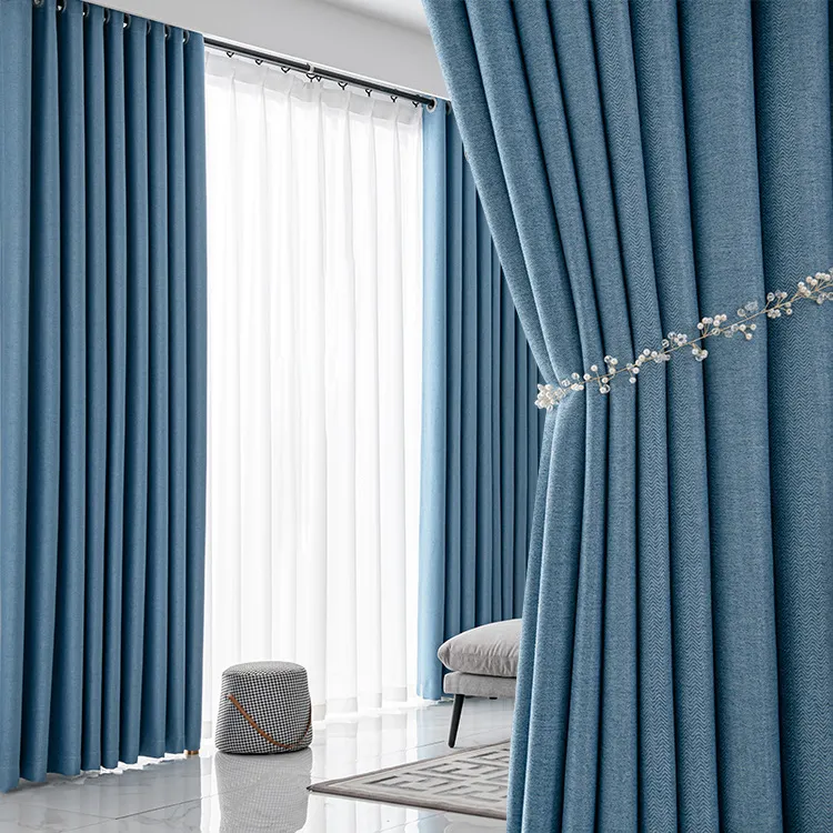 Tela de cortina opaca para sala de estar, cortina de cáñamo imperial ligera de lujo, producto terminado, completamente opaca, venta al por mayor