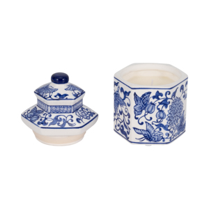 Candela in ceramica chinoiserie con coperchio, design floreale blu e bianco per soggiorno e camera da letto - Product Image 4
