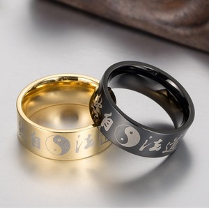 Taoist Style <b>Titanium</b> Steel <b>Ring</b> Black With Yin Yang And Chinese Characters Unisex Jewelry Gift - Product Image 2