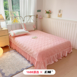 Girly 3D Embroidered Fleece <b>Bedding</b> <b>Set</b> Four-Piece Winter Warm Soft Pink Flower Design Breathable Skin Friendly - Product Image 2