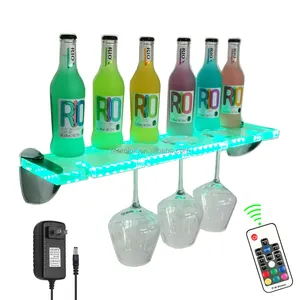 Prateleira de vidro transparente com haste longa para garrafa de licor com iluminação LED personalizada para cozinha e bar da sala de jantar