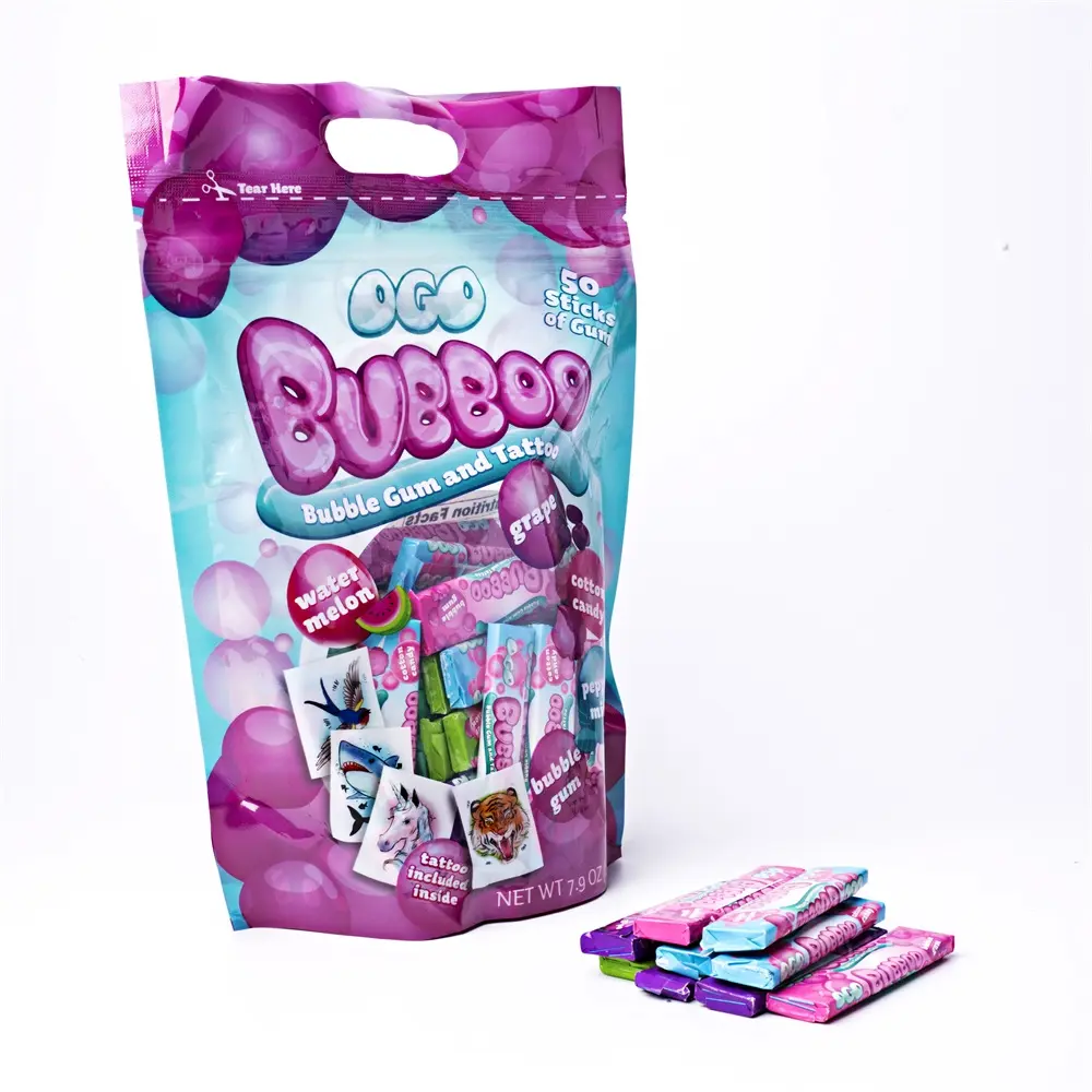 Vente chaude Sac Emballé Coloré Saveur Fruitée Bubble Gums avec Papier De Tatouage
