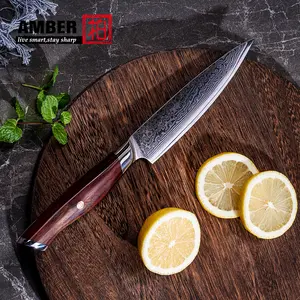 Amber Full Tang pegangan kayu mawar 3.5 inci pisau pengupas dapur VG10 utilitas Damaskus pisau ukir buah dapur