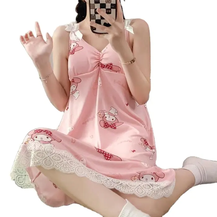 Yubon2024新しい夏のレディースナイトドレススリップドレスアニメ私のメロディー漫画かわいい甘い綿のパジャマホームウェア布