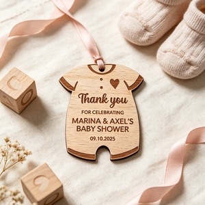 Etiqueta de recuerdo personalizada de madera duradera hecha a mano <span class=keywords><strong>para</strong></span> baby shower, con nombre y fecha grabados con láser, <span class=keywords><strong>para</strong></span> regalo de agradecimiento. - Product Image 1