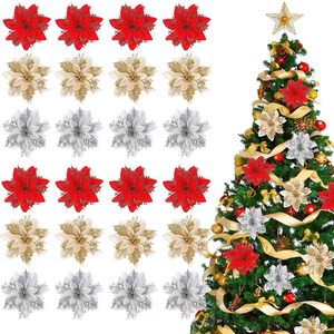 Flores de Poinsettia Artificiales con Brillo, Adornos para Árboles de Navidad, Decoraciones de Tela de Poinsettia Navideñas para Coronas y Guirnaldas Festivas - Product Image 1