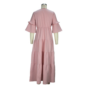 เดรสลำลองแขนระบายคอวีสีพื้นเรียบหรูสำหรับผู้หญิงแฟชั่น - Product Image 3