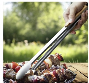Pince extra longue en acier inoxydable avec manche en bois d'acacia, outil de manipulation des aliments pour barbecue extérieur, accessoires de barbecue - Product Image 3