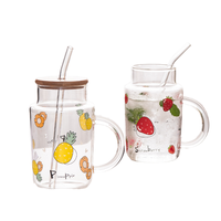 Cartoon Fruit Decal 401-500ml Glazen Tumbler met Handvat, Bamboe Deksel en Rietje, Water-Sap-Melk Beker/Mok voor Feestjes en Terug naar School