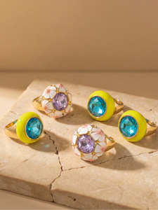 Flower Pattern Cocktail <b>Rings</b> Women's Gold Plated <b>Ceramic</b> Bezel Set Cubic Zirconia Round Stone Bohemia Style Daily Party Jewelry - Product Image 1