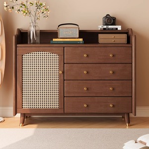 Nordic Retro Solid Wood Sideboard With Rattan Door Four <b>Drawer</b> Storage Cabinet For Bedroom Living Room - Product Image 5